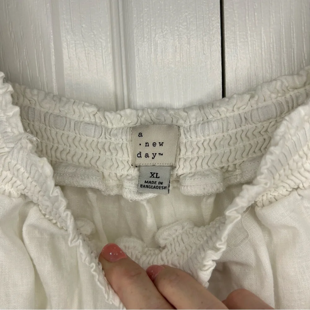 A New Day XL White Linen Blend Smocked Flutter Sleeve Blouse Cottagecore